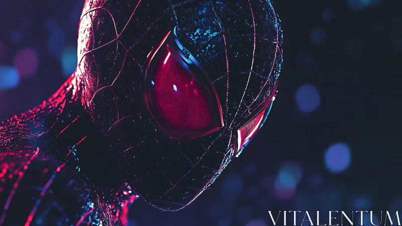 Close-up render of masked superhero head in neon lighting.