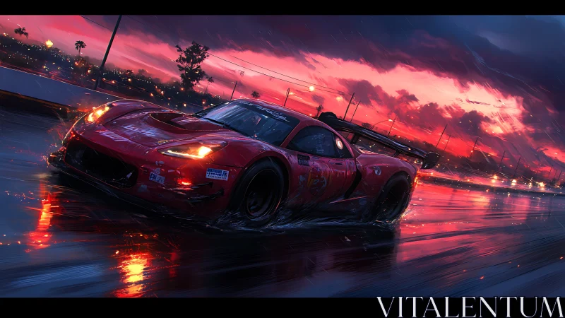 Red race car speeding on wet track at vibrant sunset.