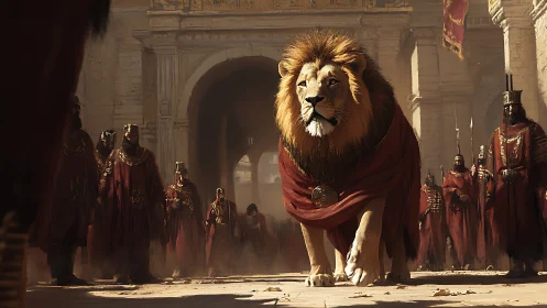Regal lion procession in sunlit ancient imperial courtyard.