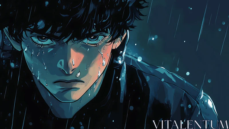 Stormlit resolve in a rain-soaked anime night portrait.