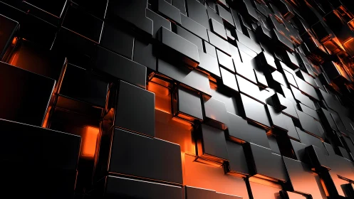 Futuristic Black 3D Cubes With Orange Glow, Abstract Digital Art.