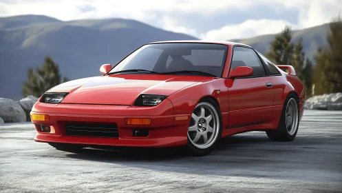 Red sports coupe gleams on a mountain road at golden hour