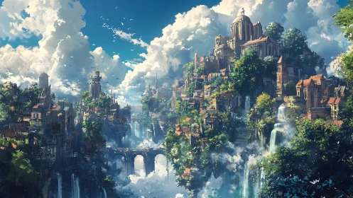 Terraced stone city with waterfalls occupies a mountainous ridge