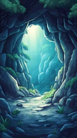 Mystic forest cave passage with glowing teal light shaft.