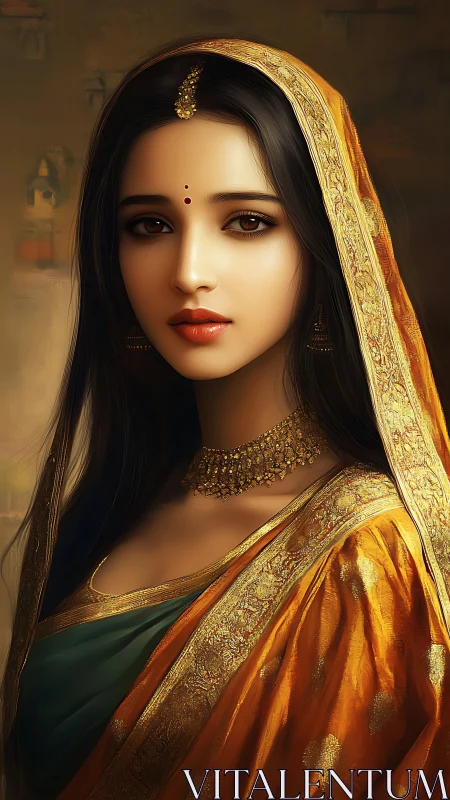 Portrait of woman in sari with gold veil and jewelry detail.