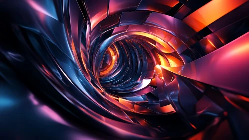 Metallic vortex tunnel glows with neon orange and blue light