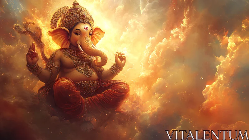 Divine elephant-headed deity seated in radiant clouds.