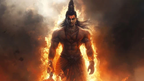 Blazing warrior strides through fire with calm divine strength
