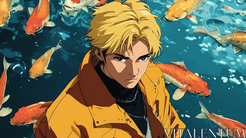 Golden-haired daydreamer beside bright koi pond waters.