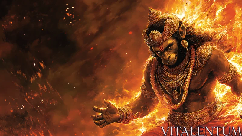 Mythic simian warrior in infernal gold relief digital painting.