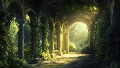 Stone colonnade corridor stands in overgrown sunlit garden