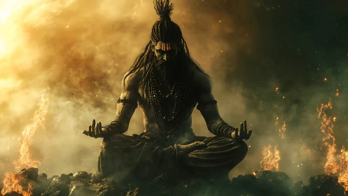 Digital painting of meditative deity amid infernal atmosphere.