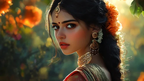 Portrait of a serene woman in sunlit floral garden setting.