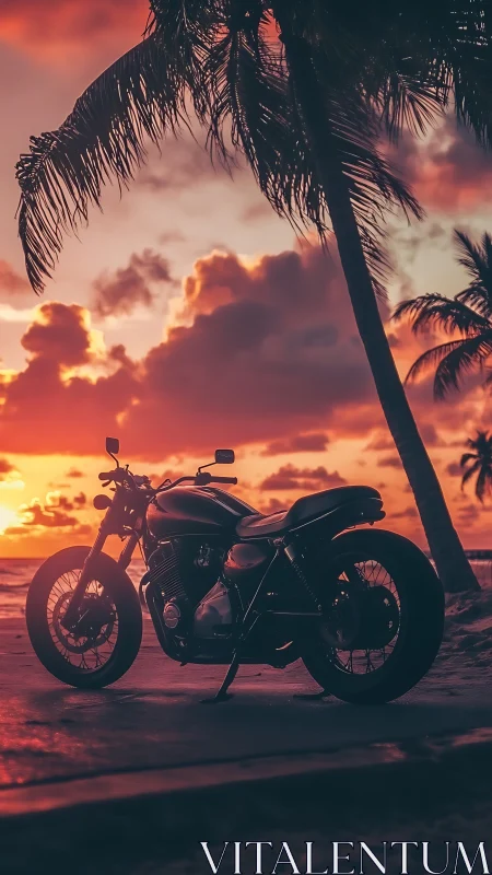 Motorcycle parked by tropical beach at vivid sunset.