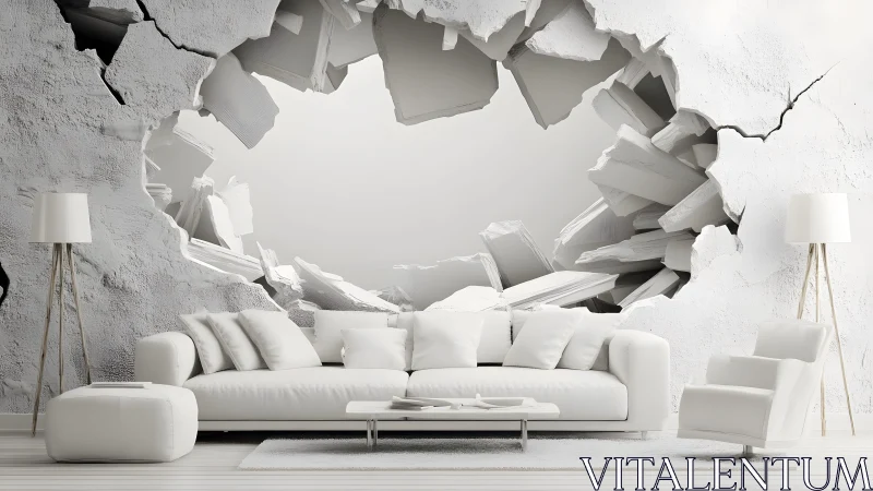 Modern living room with 3D cracked wall mural and minimalist decor.