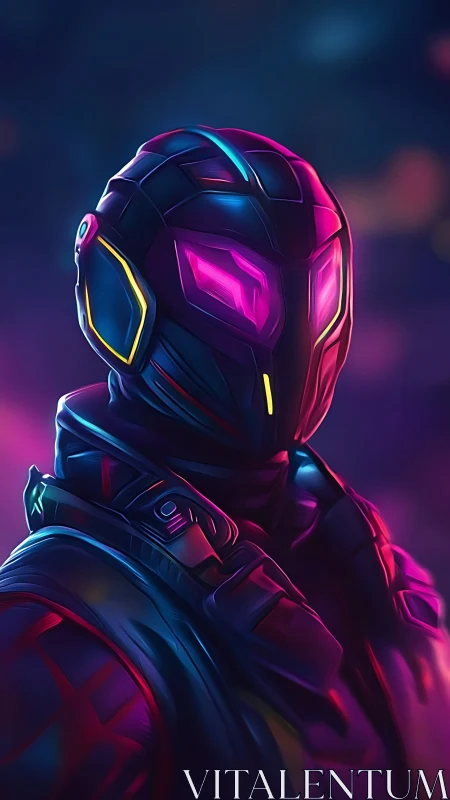 Neon-armored cybernetic operative rendered in vivid digital lighting