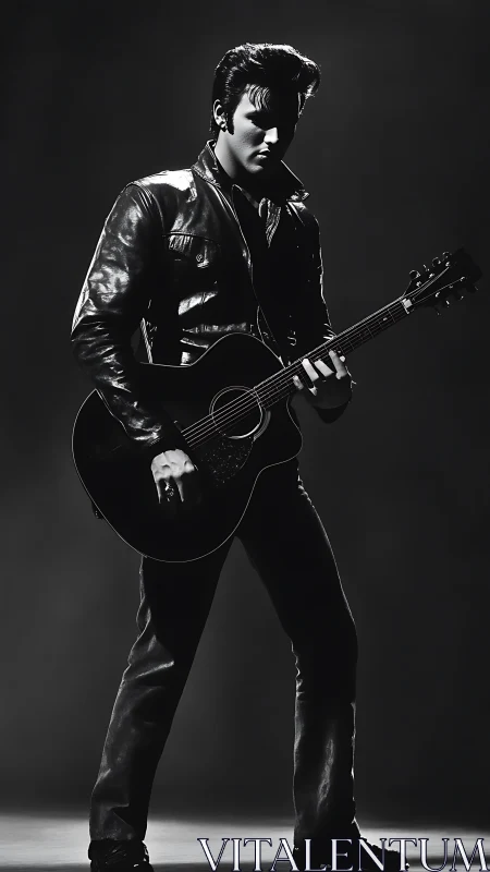 Monochrome standing guitarist holds instrument under spotlight