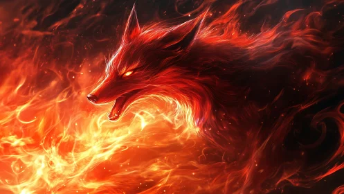 Fiery spectral wolf head emerging from swirling flames.