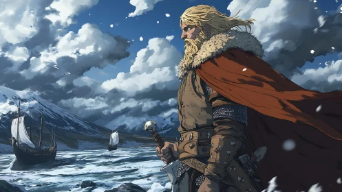 Viking leader on winter shoreline with longships and clouds.