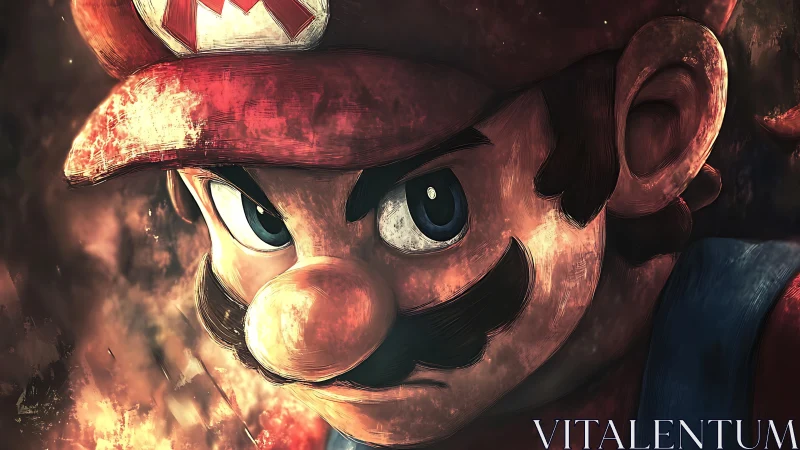 Intense closeup of a stylized mustached game character.