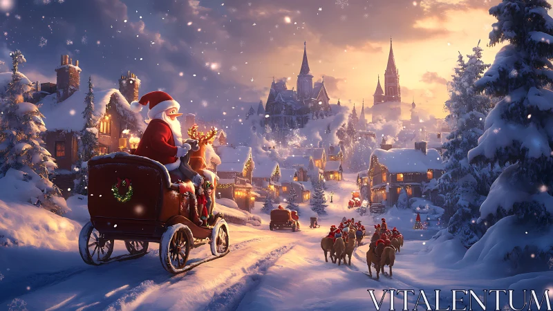 Festive Santa procession through snow-lit winter village street.