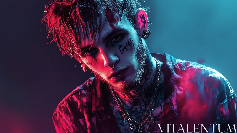 Neon-drenched emo rebel bathed in electric blue and crimson.