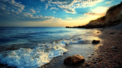 Rocky shoreline with waves under vivid sunset sky.