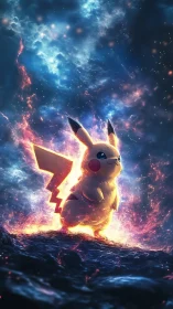 Pikachu stands on rocky ground amid glowing cosmic storm