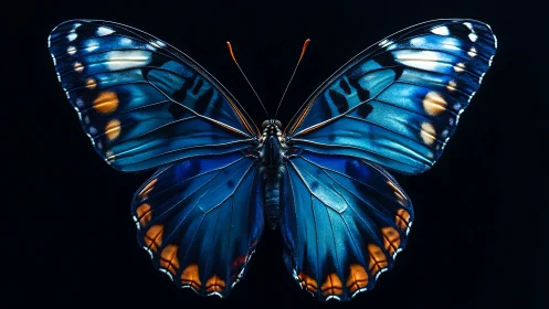 Blue butterfly wings spread on black background.