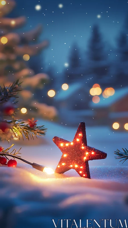 Glowing star ornament rests in snowy outdoor night scene
