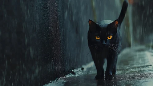 Black Cat with Golden Eyes in Rain Against Concrete Wall