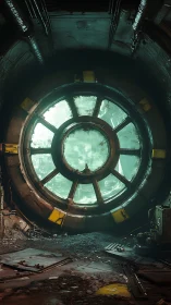 Corroded circular vault viewport framing hazy teal wasteland