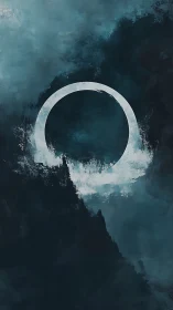 Moonlit mist circle over deep oceanic twilight sky.