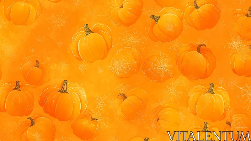 Pumpkin pattern over orange background with cobweb accents.