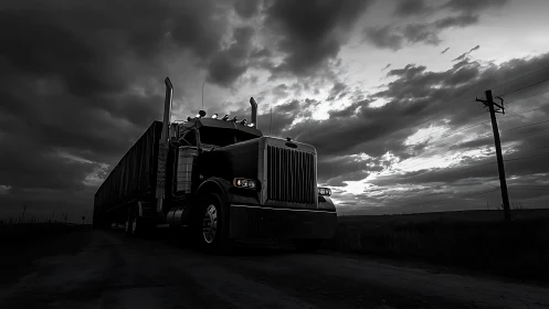 Low-angle semi truck on rural dirt road under storm front