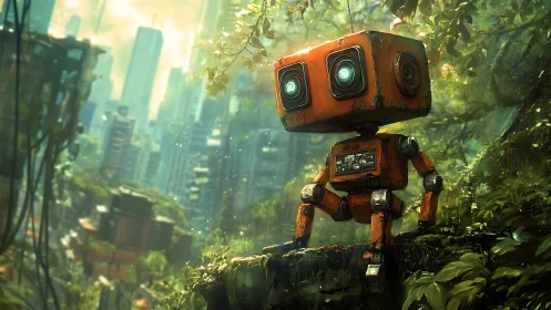 Rust-orange scout robot in overgrown post-urban ravine scene.