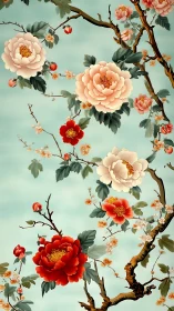 Peony blossoms extend along twisting branches over blue sky