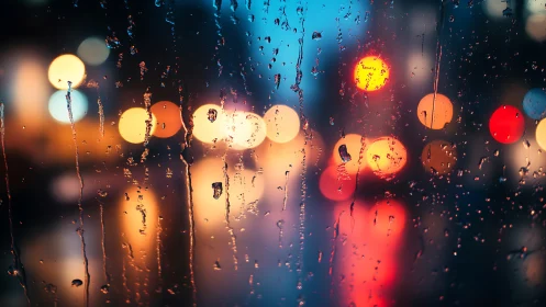 Raindrops on window with blurred urban night lights.