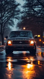 Classic Ford truck idles on wet city street at dusk