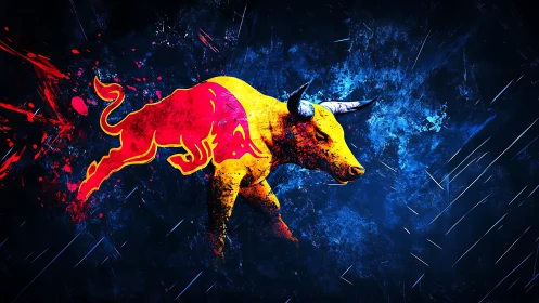 Stylized red and yellow bull silhouette on dark blue field.