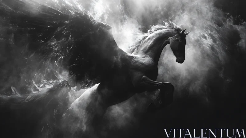 Stormborn pegasus charging through sculpted shadow clouds.