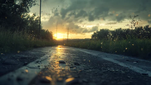Sunlit country road shimmers with rain-kissed evening magic.