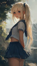 Anime schoolgirl in sunlit alley rendered with painterly bokeh