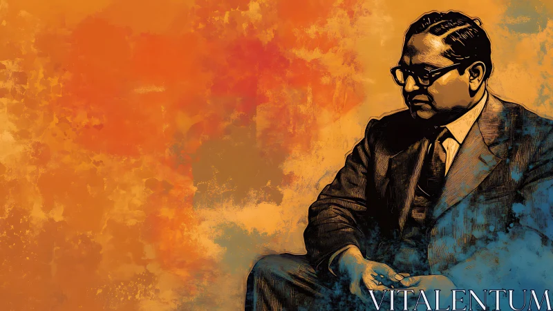 Reflective suited figure rests against a warm painted sky