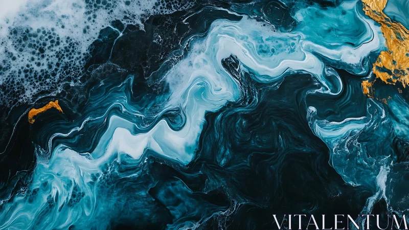 Abstract teal and gold fluid swirl on dark liquid surface.