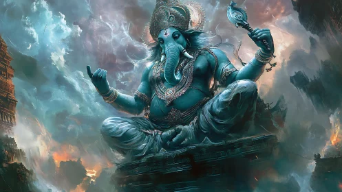 Mythic Ganesha deity rendered with dynamic atmospheric depth and light