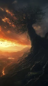 Colossal twilight tree overlooking molten river valley.