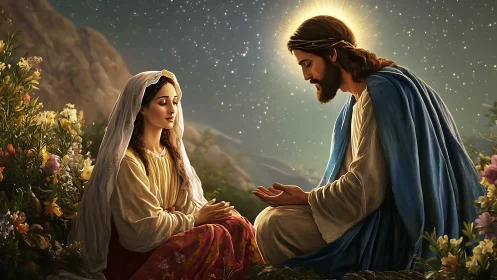 Religious figures seated in night landscape with halo effect.