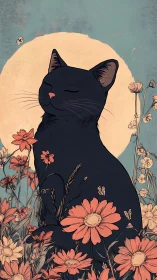 Black Cat Silhouette Against Luminous Moon in Floral Field.