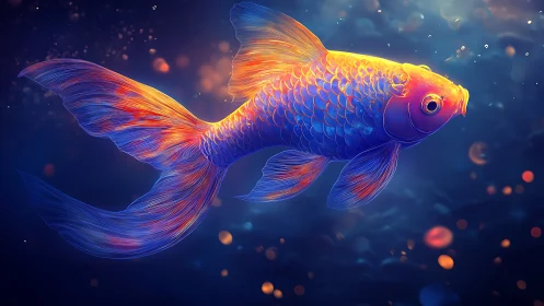 Digital koi fish with neon fins in dark aquatic space.